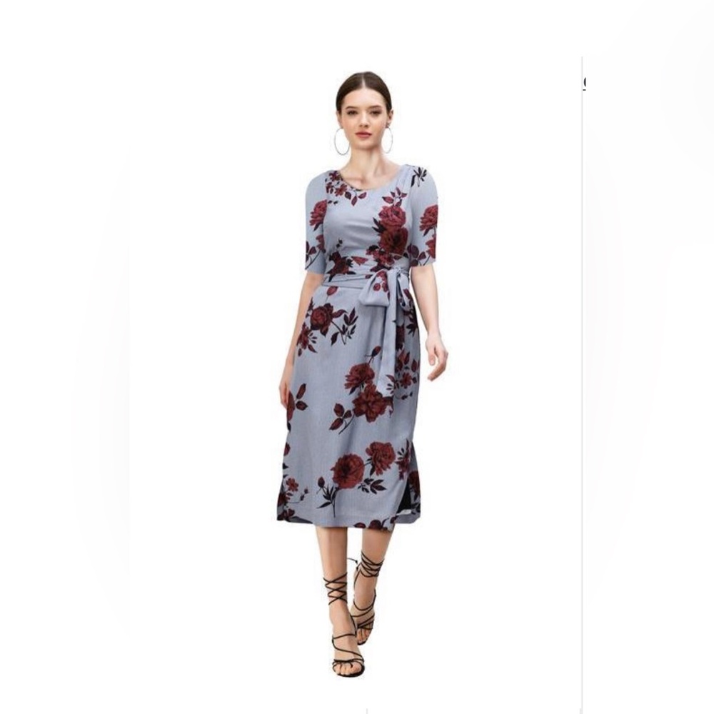 NWOT Tie Waist Floral Print Crepe Vented Sheath Dress